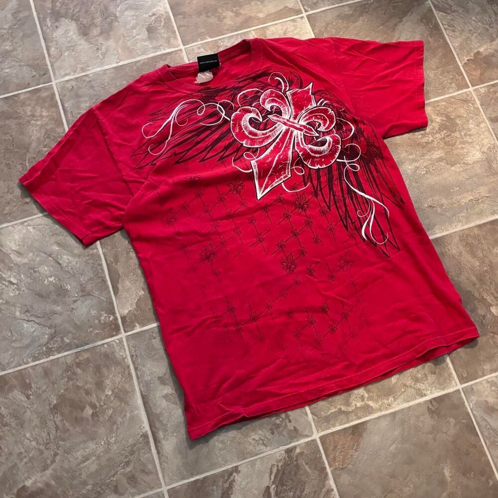 Vtg 00s Y2K Hybrid red tee with white cross graphic great shape, size large!